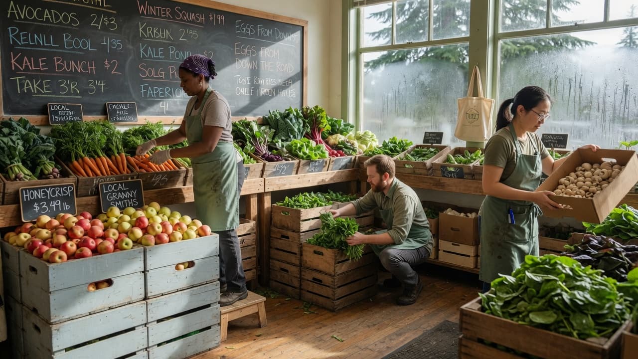 Employees in a bright independent grocery stocking produce beneath large windows, wood crates of fruit and greens in the aisle.