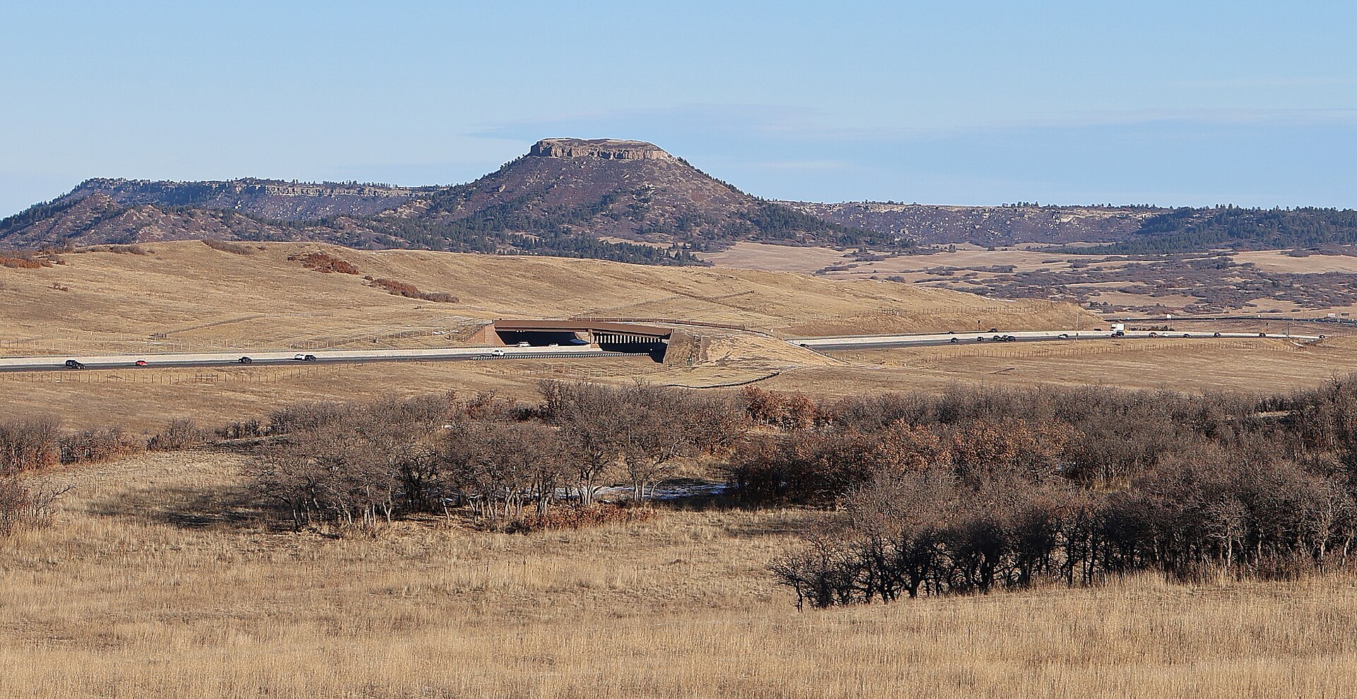 Earth-covered wildlife overpass spanning Interstate 25 in Douglas County, Colorado.
