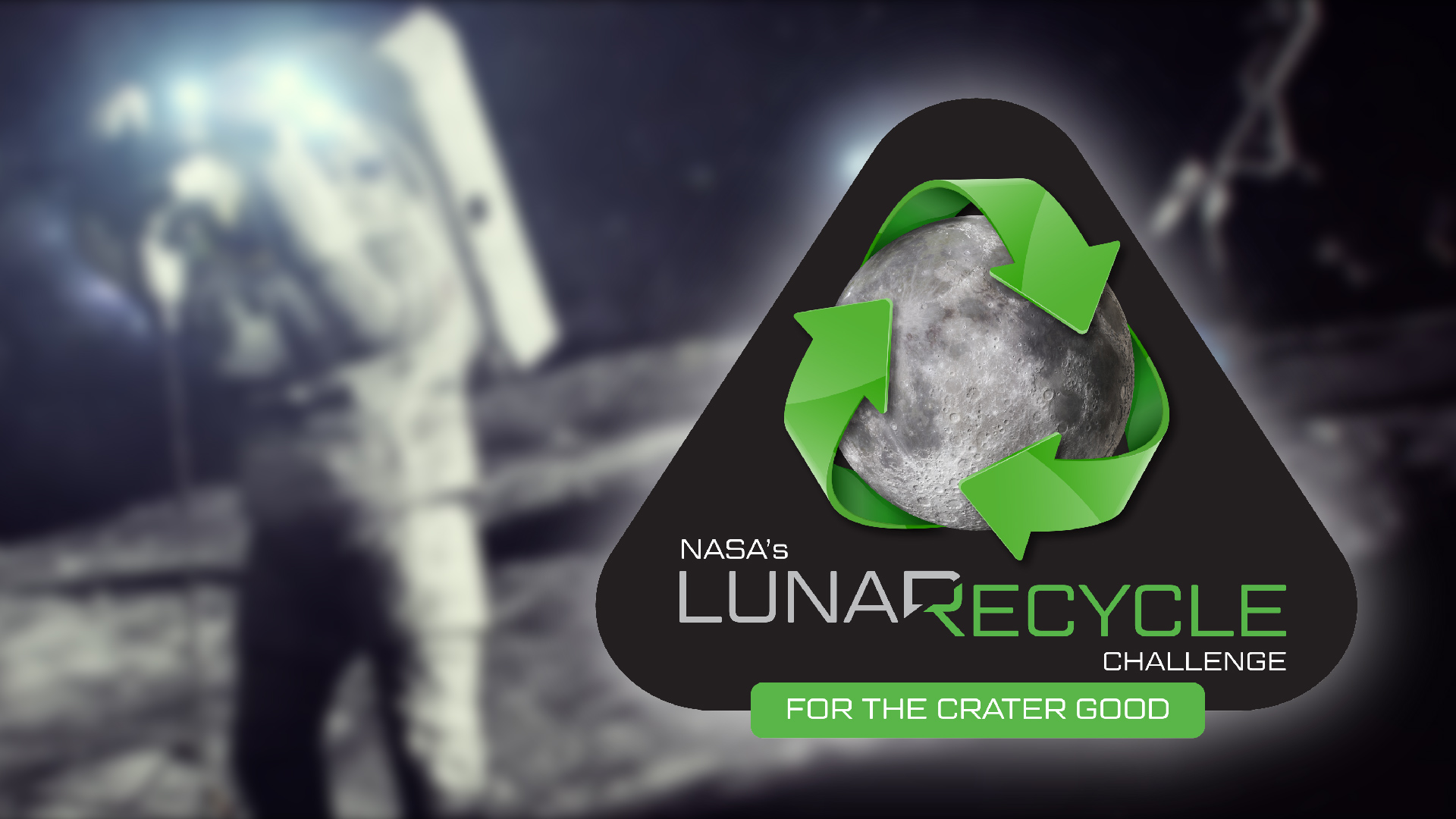 An astronaut stands on the gray lunar surface beside the NASA LunaRecycle Challenge logo.