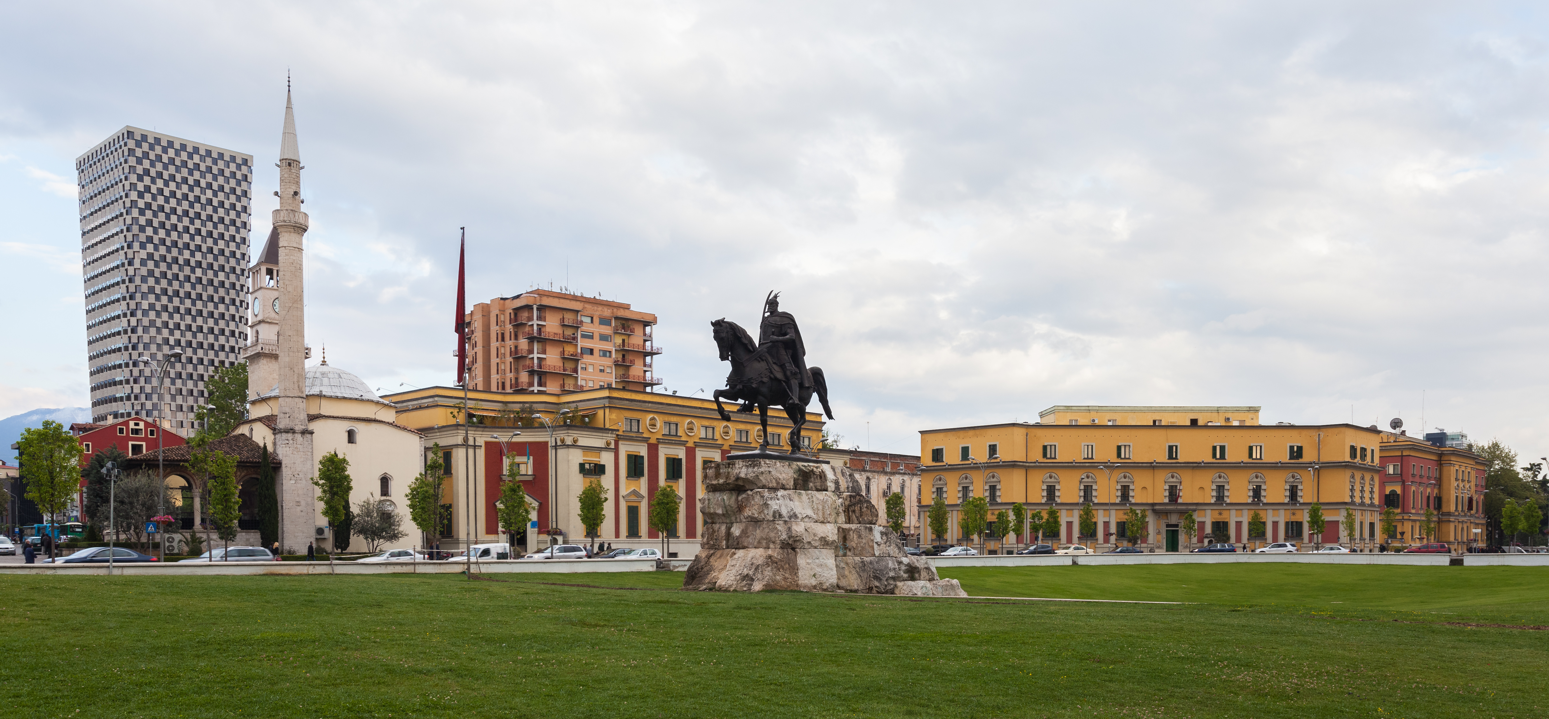The Skanderbeg Monument on Skanderbeg Square in Tirana, Albania.