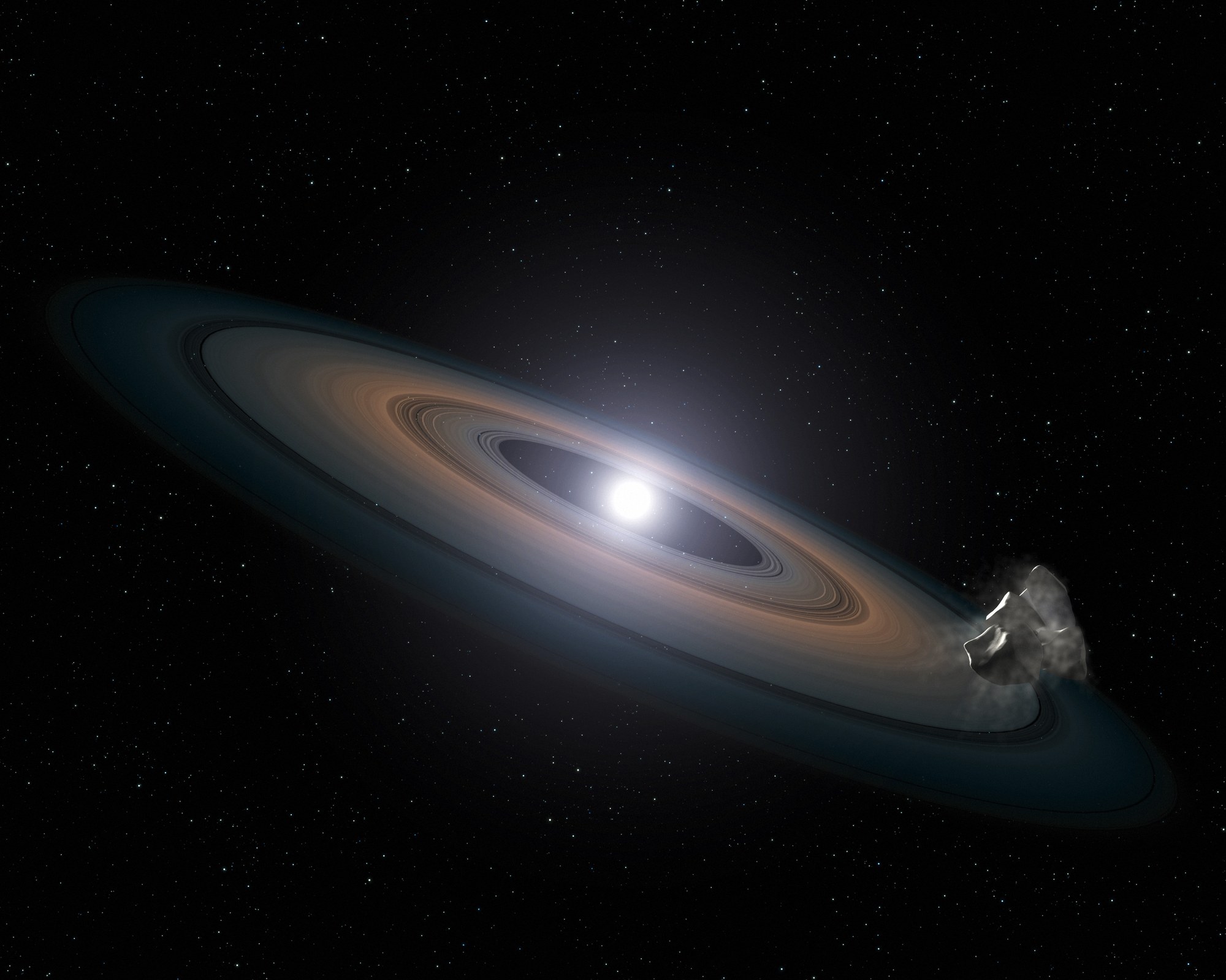 Artist's impression of a white dwarf star surrounded by a ring of dusty debris, with an asteroid falling toward it.