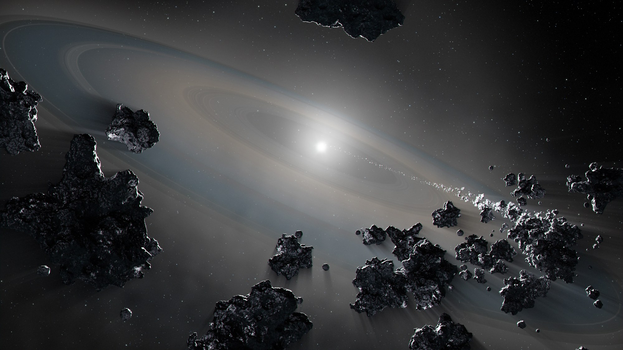 Illustration of a white dwarf star pulling streams of debris from shattered planetary bodies onto its surface.