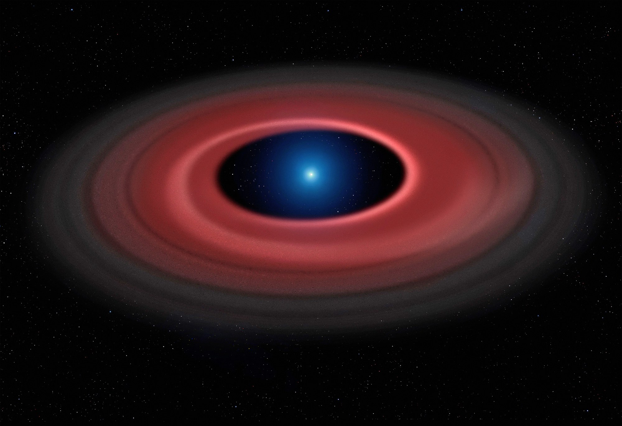Artist's impression of a glowing ring of dust and gas orbiting a small, bright white dwarf.
